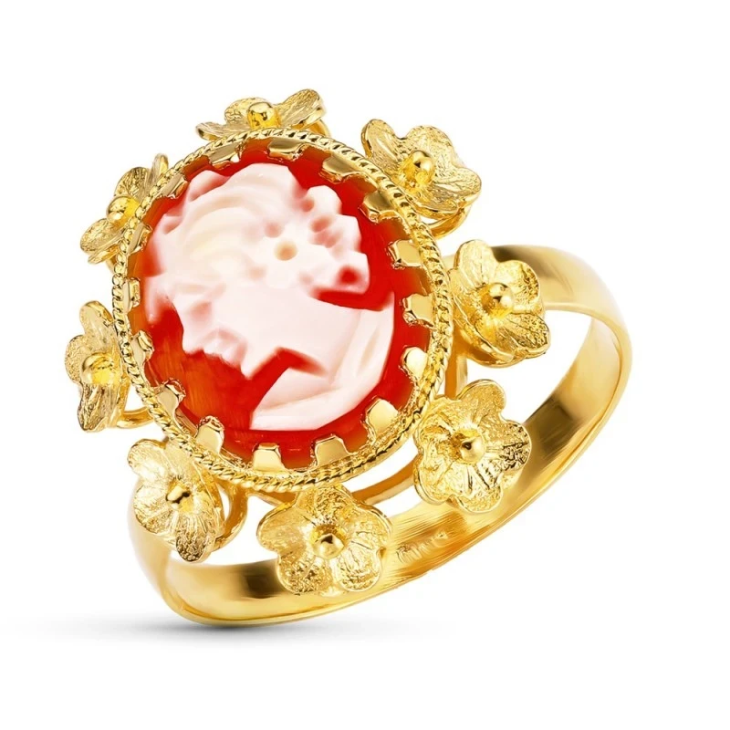 Sortija Oro 18k mujer camafeo centro cabeza detalle flores borde