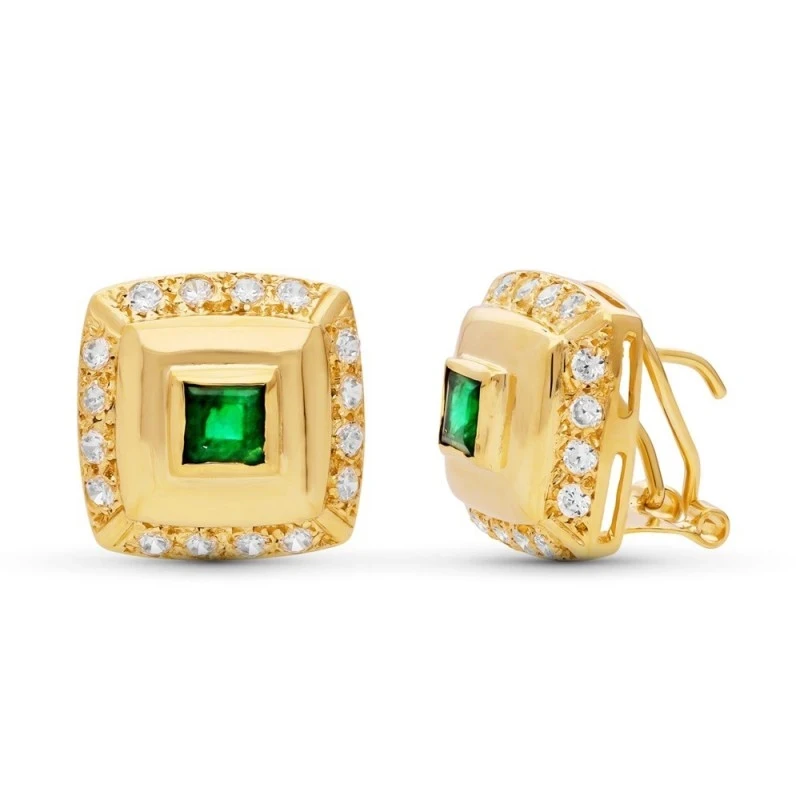 Pendientes Oro 18k mujer 14 mm. cuadrados piedra verde centro combina