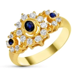 Sortija Oro 18k mujer tres piedras azules ovaladas combinadas circoni