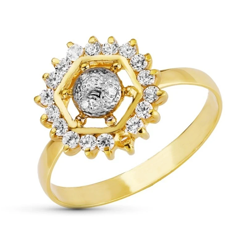 Sortija Oro Bicolor 18k mujer cabeza forma hexagonal circonitas