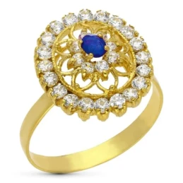 Sortija Oro 18k mujer cabeza ovalada piedra azul centro 6 mm. combina