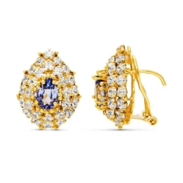 Pendientes Oro 18k mujer 20 mm. forma lágrima piedra azul centro comb
