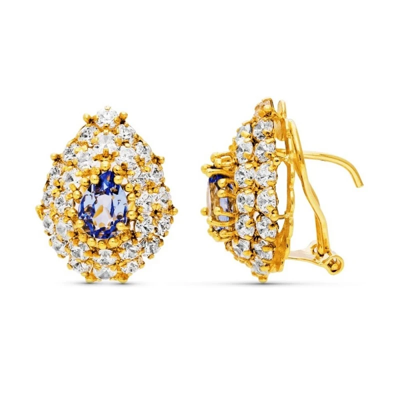 Pendientes Oro 18k mujer 20 mm. forma lágrima piedra azul centro comb