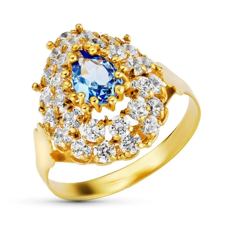 Sortija Oro 18k mujer cabeza forma lágrima piedra azul centro combina