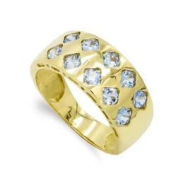 Sortija Oro 18k mujer piedras aguamarina centro forma rombo ancho cue