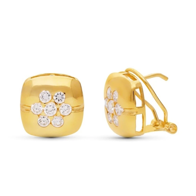 Pendientes Oro 18k mujer 12 mm. cuadrados lisos circonitas centro