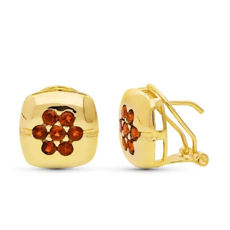 Pendientes Oro 18k mujer 12 mm. cuadrados lisos combinados granates c