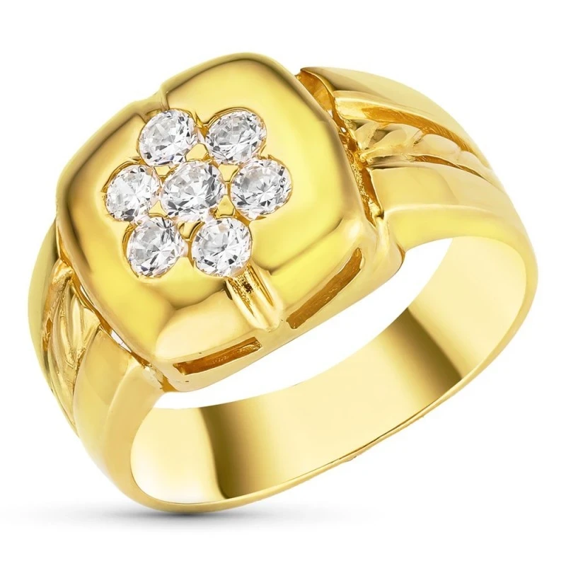 Sortija Oro 18k mujer cabeza cuadrada lisa combinada circonitas detal
