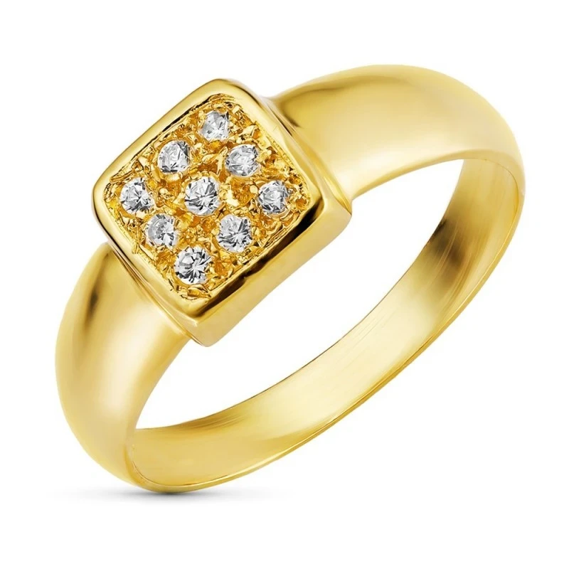 Sortija Oro 18k mujer cabeza cuadrada circonitas combinadas relieve r