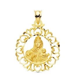 Virgen del Carmen Medalla Oro 18k unisex 30 mm. calada corazones deta