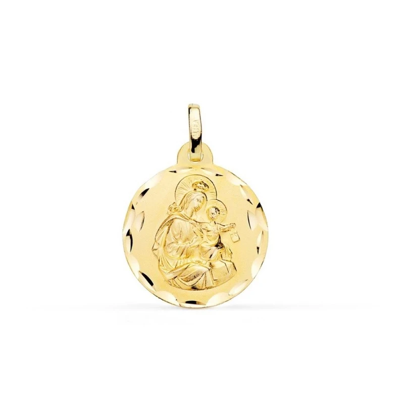 Virgen del Carmen Medalla Oro 18k unisex 18 mm. borde tallado. Grabac