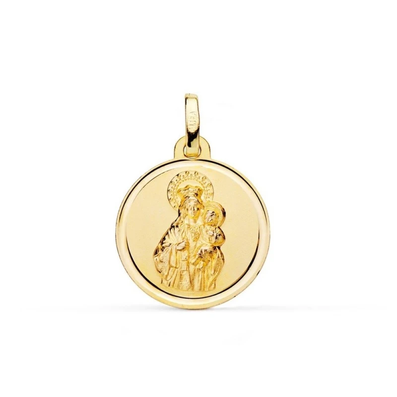 Virgen del Carmen Medalla Oro 18k unisex 18 mm. mate bisel liso. Grab