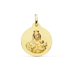 Virgen del Carmen Medalla Oro 18k unisex 20 mm. lisa mate. Grabación