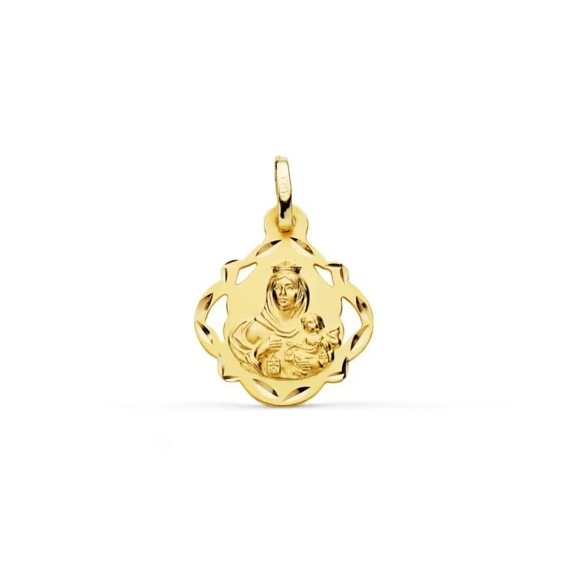 Virgen del Carmen Medalla Oro 18k unisex 16 mm. forma pandereta calad
