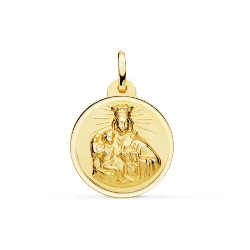 Virgen del Carmen Medalla Oro 18k unisex 20 mm. bisel liso. Grabación