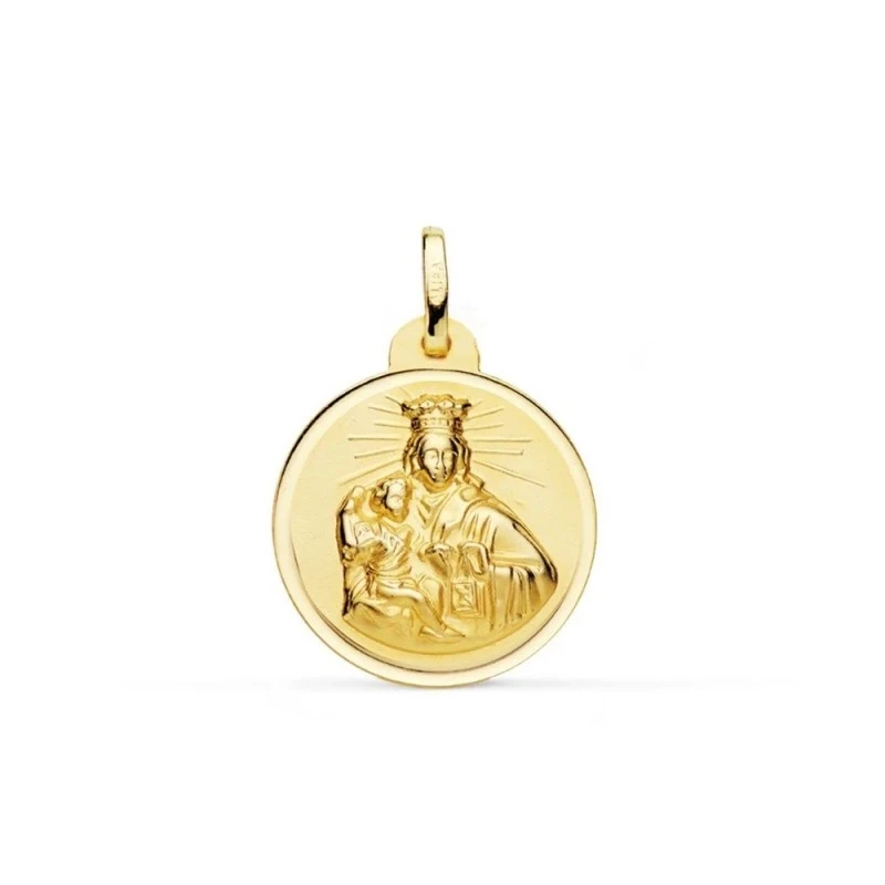 Virgen del Carmen Medalla Oro 18k unisex 22 mm. lisa bisel. Grabación