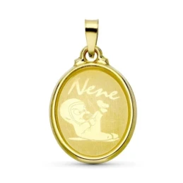 Colgante Oro 18k unisex 22 mm. ovalada detalle lisa láser niño mensaj