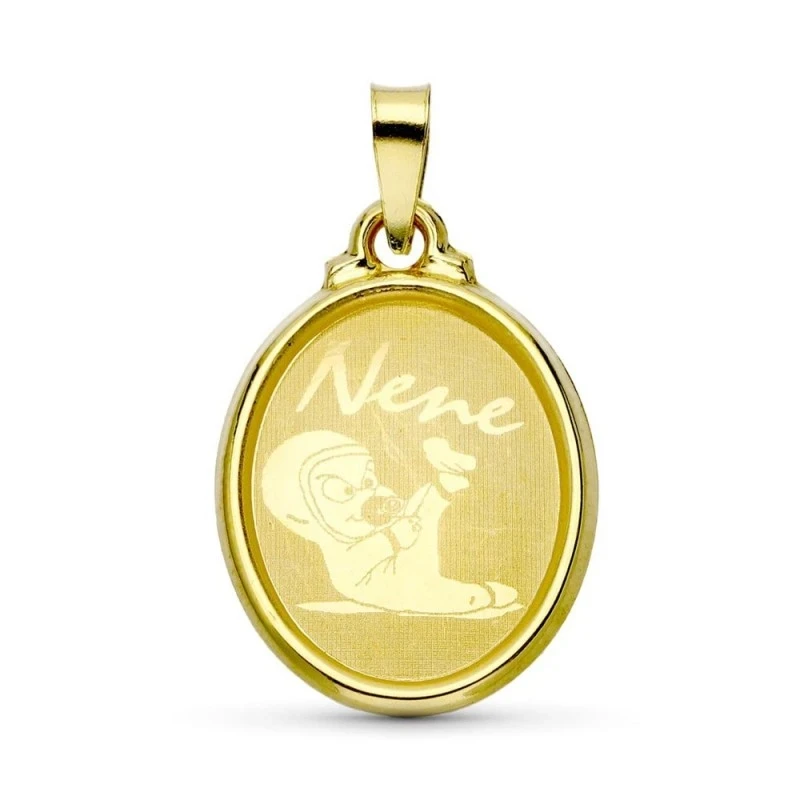 Colgante Oro 18k unisex 22 mm. ovalada detalle lisa láser niño mensaj