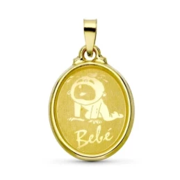 Colgante Oro 18k unisex 22 mm. ovalada niño llorando BEBÉ bisel. Grab