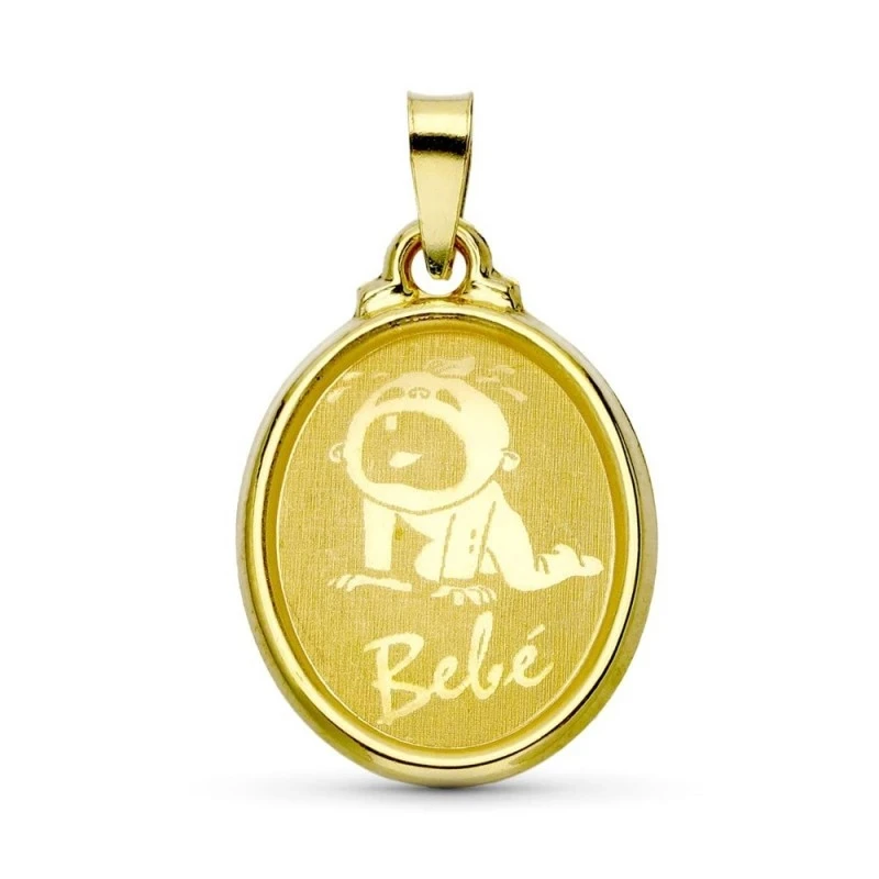 Colgante Oro 18k unisex 22 mm. ovalada niño llorando BEBÉ bisel. Grab