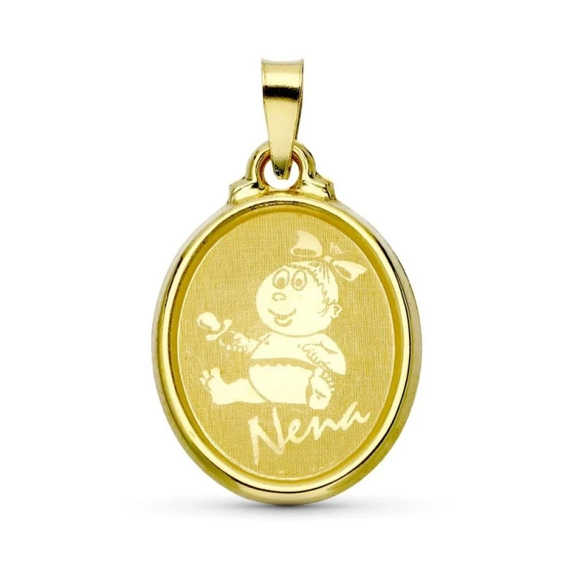 Colgante Oro 18k unisex 22 mm. ovalada lisa láser niña coletas mensaj