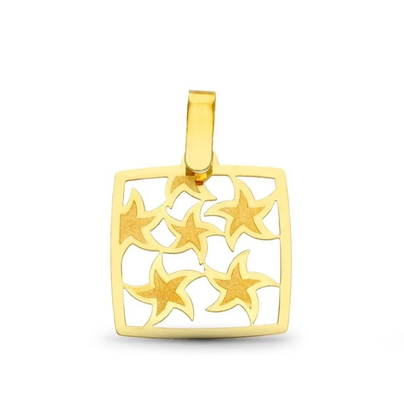 Colgante Oro 18k mujer cuadrado láser detalle estrellas caladas brill