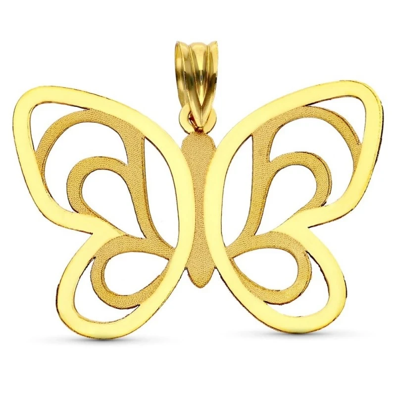 Colgante Oro 18k mujer 32 mm. forma mariposa calada láser detalle mat