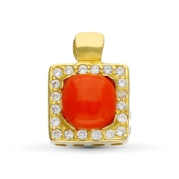 Colgante Oro 18k mujer cuadrado piedra coral centro circonitas borde