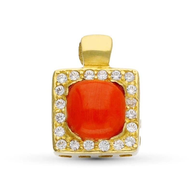 Colgante Oro 18k mujer cuadrado piedra coral centro circonitas borde