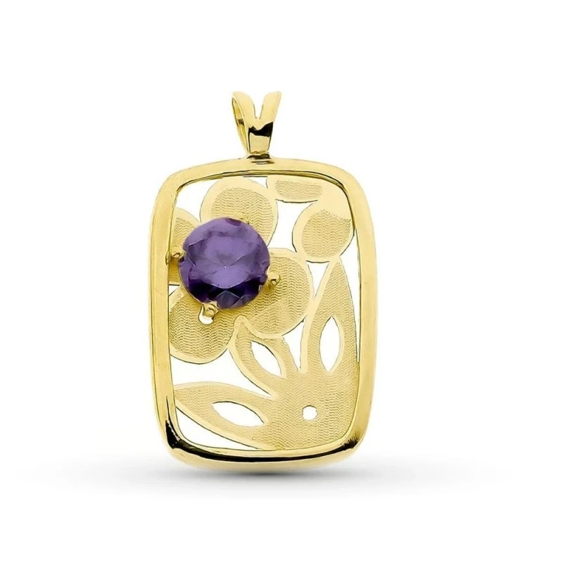 Colgante Oro 18k mujer 23 mm. rectangular piedra amatista 5 mm. detal
