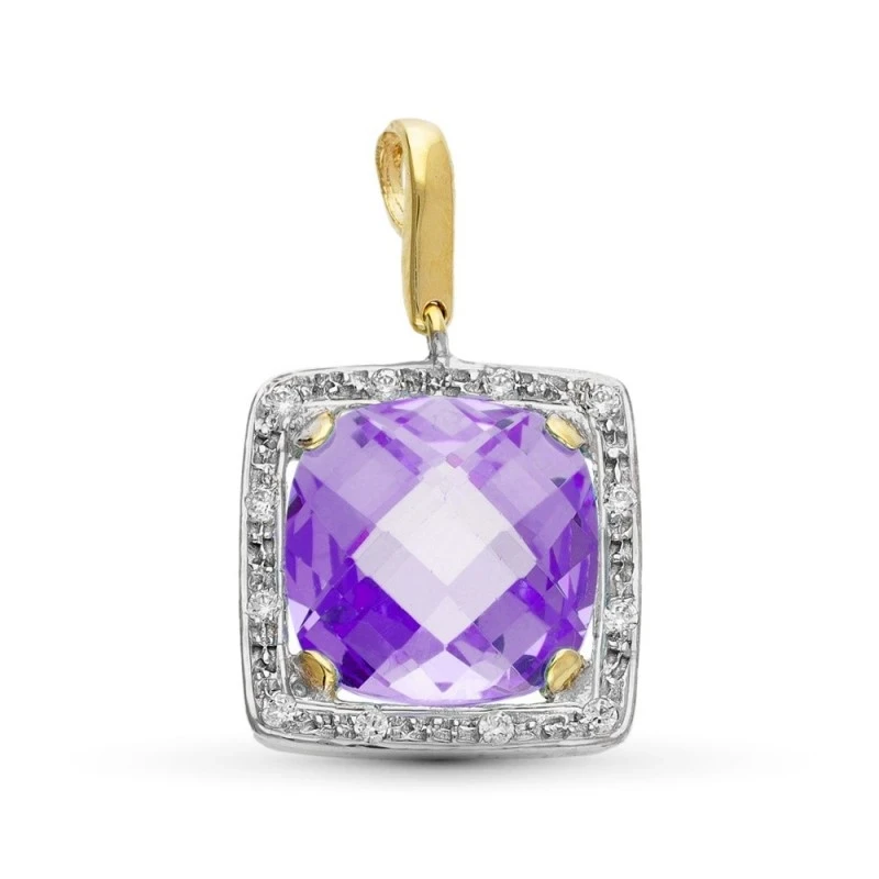 Colgante Oro Bicolor 18k mujer forma cuadrada piedra amatista centro