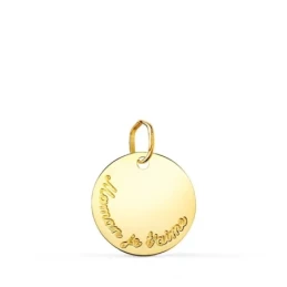 Colgante Oro 18k mujer 15 mm. chapa redonda lisa mensaje MAMAN JE T´A