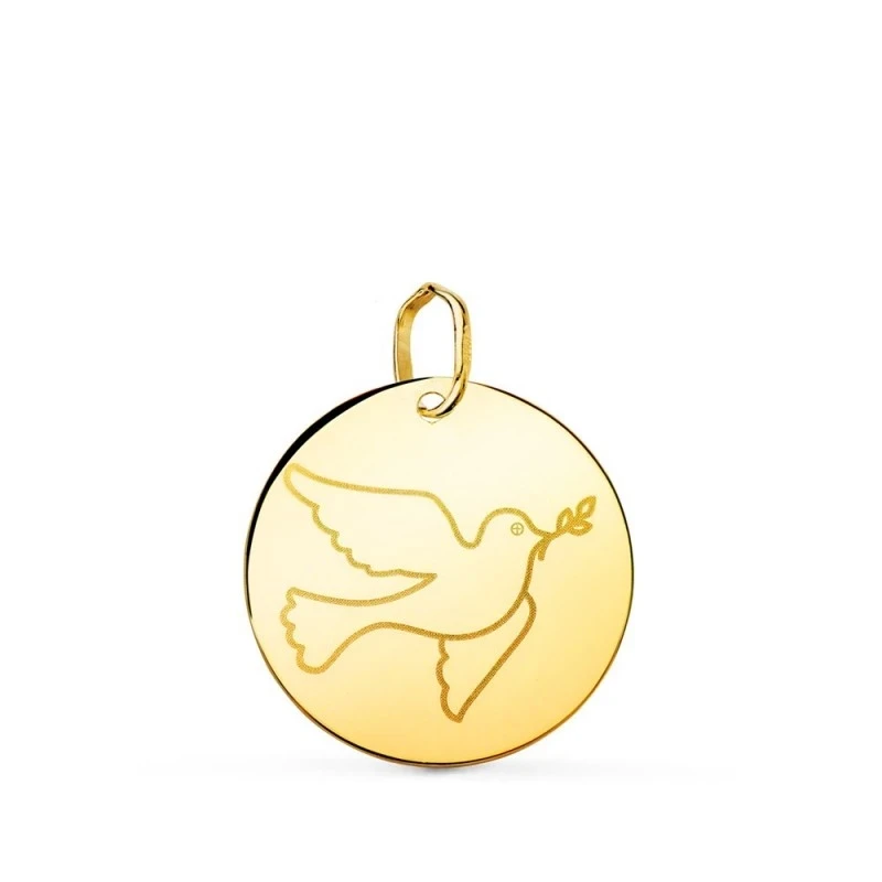 Colgante Oro 18k unisex 18 mm. redondo detalle paloma paz centro. Gra