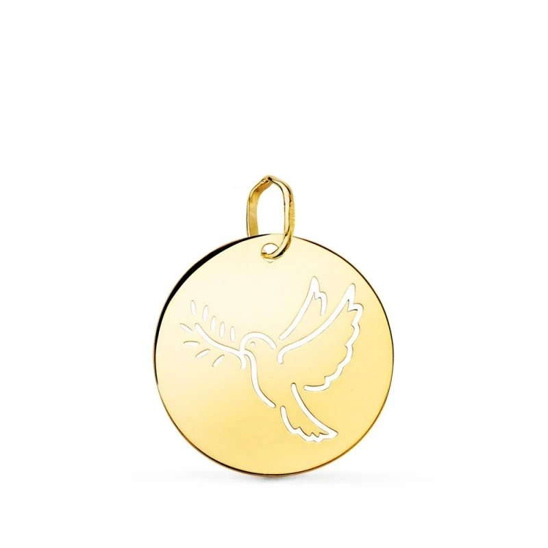 Colgante Oro 18k unisex 18 mm. redondo detalle paloma paz calada cent