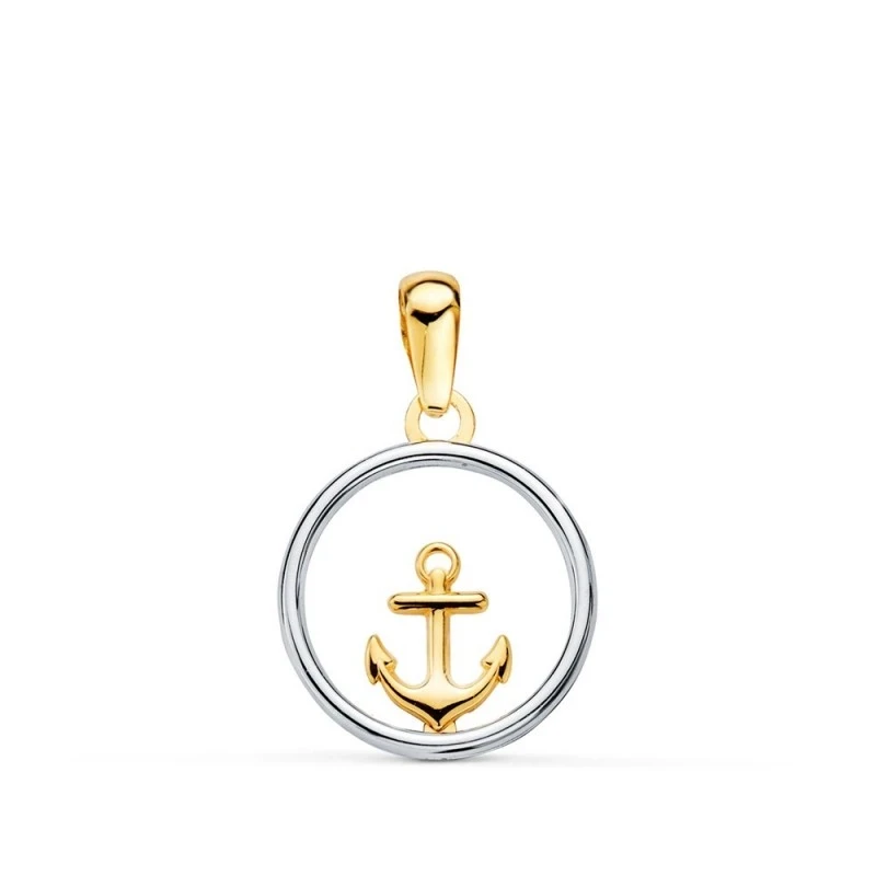Colgante Oro Bicolor 18k unisex 13 mm. redondo calado ancla centro