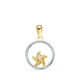 Colgante Oro Bicolor 18k unisex 13 mm. redondo calado estrella de mar