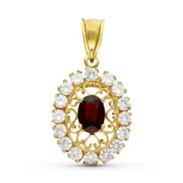 Colgante Oro 18k mujer ovalado granate centro circonitas borde detall