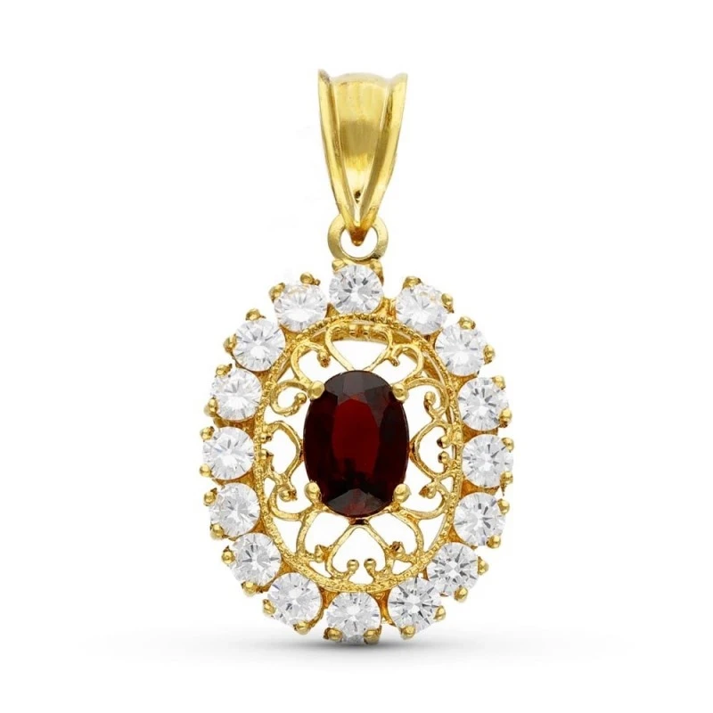 Colgante Oro 18k mujer ovalado granate centro circonitas borde detall