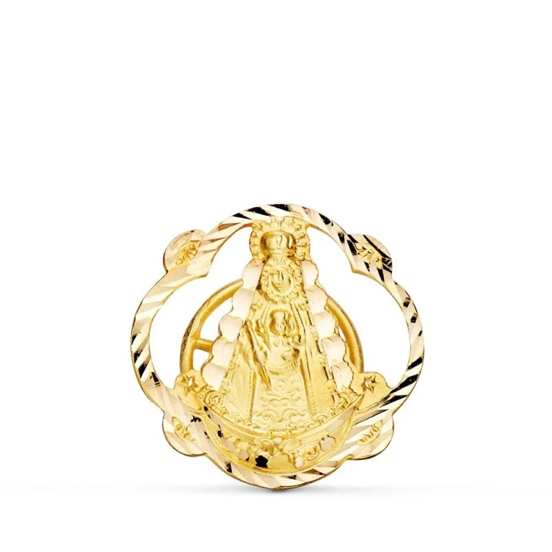 Virgen del Rocío Pin Solapero Oro 18k unisex 20 mm. forma pandereta d