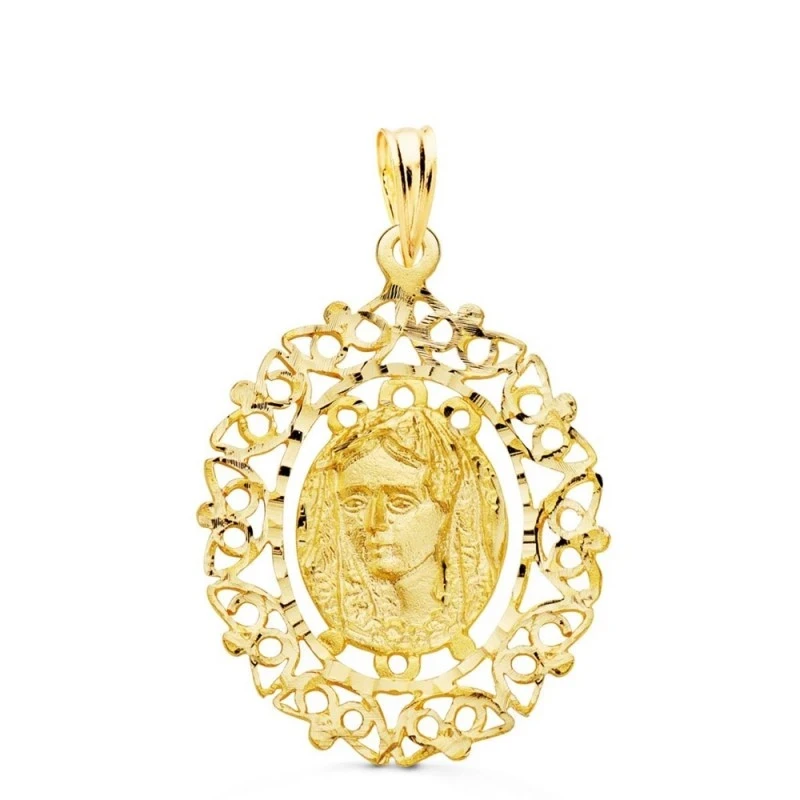 Virgen de la Macarena Medalla Oro 18k unisex 28 mm. cerco calado fili
