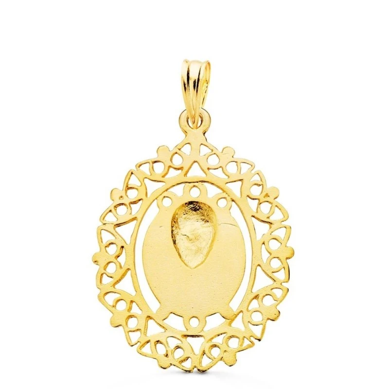 Virgen de la Macarena Medalla Oro 18k unisex 28 mm. cerco calado fili