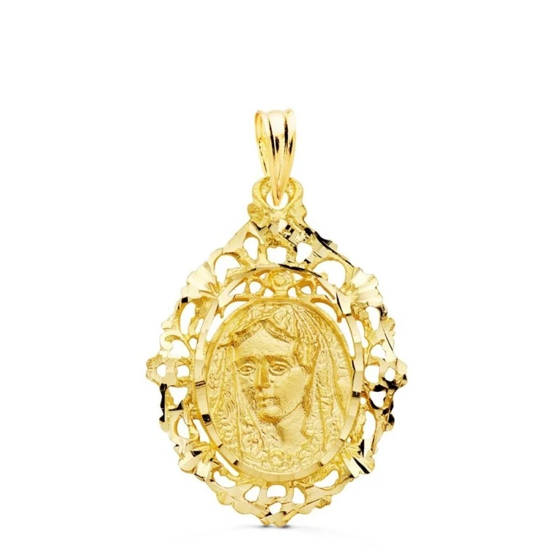 Virgen de la Macarena Medalla Oro 18k unisex 27 mm. filigrana cerco c