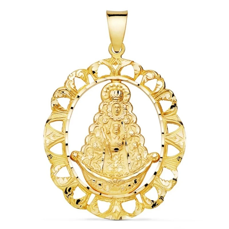 Virgen del Rocío Medalla Oro 18k unisex 39 mm. detalle cerco calado t