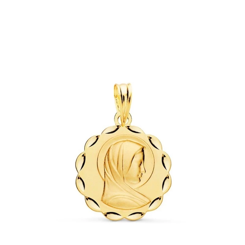 Virgen María Medalla Oro 18k unisex 17 mm. detalles tallados bisel