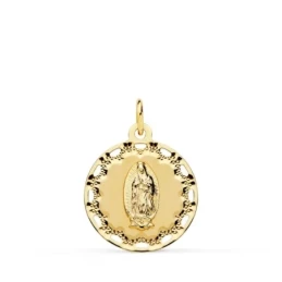 Virgen de Guadalupe Medalla Oro 18k unisex 18 mm. detalle cerco calad