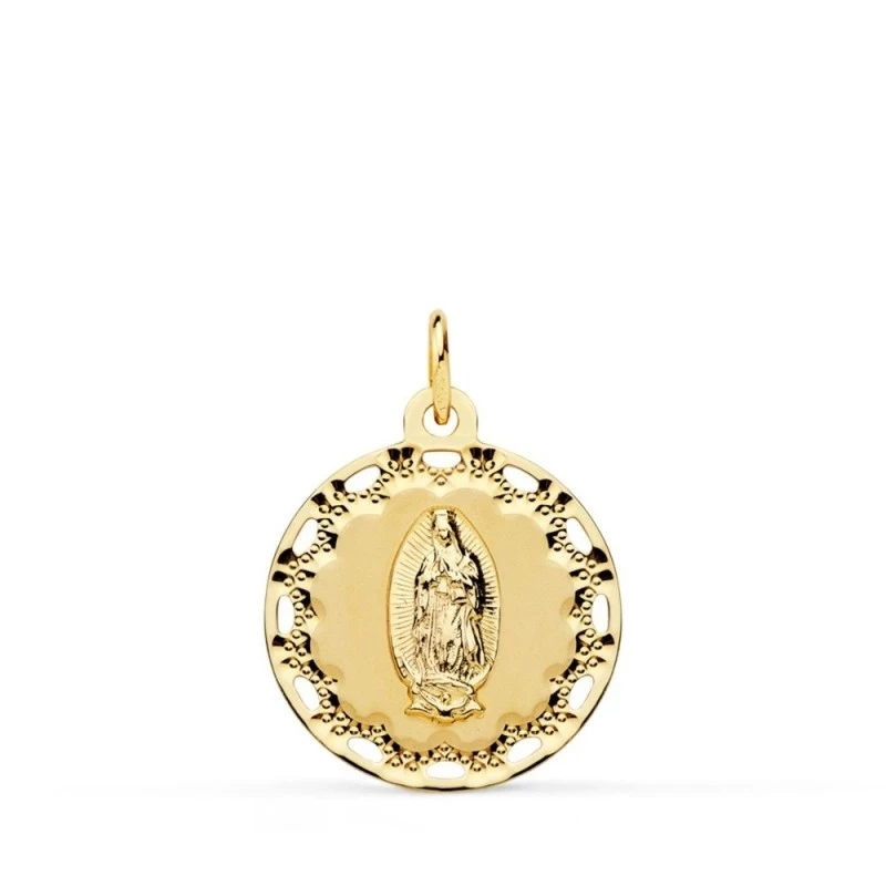 Virgen de Guadalupe Medalla Oro 18k unisex 18 mm. detalle cerco calad