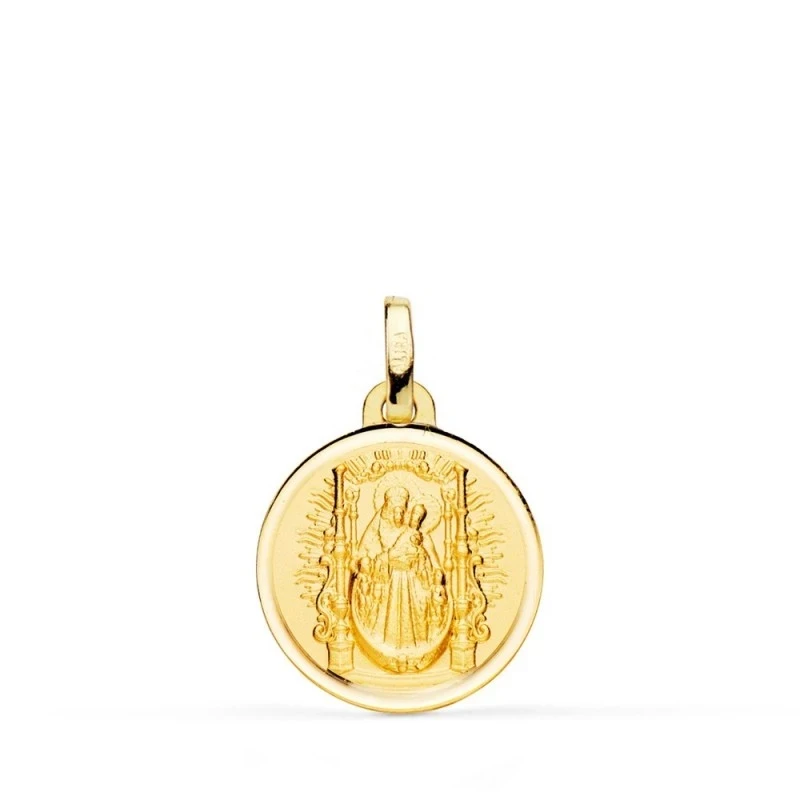 Virgen del Pino Medalla Oro 18k unisex 14 mm. detalle trono bisel lis