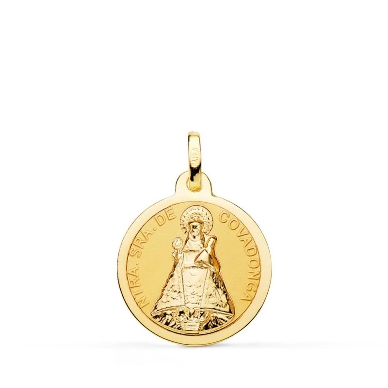 Virgen de Covandonga Medalla Oro 18k unisex 18 mm. bisel liso. Grabac