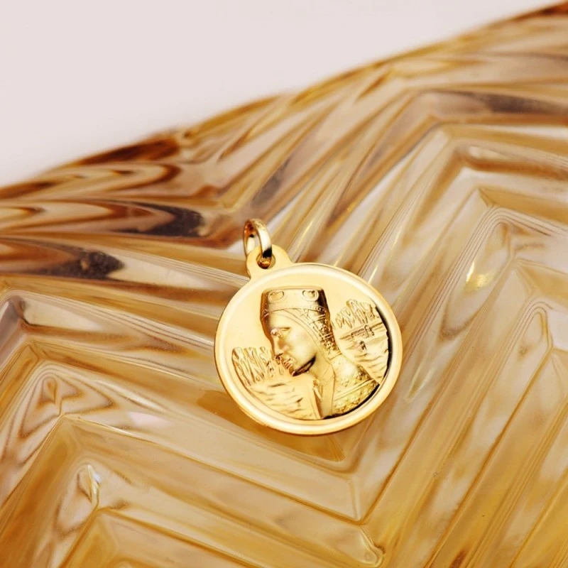 Virgen de Montserrat Medalla Oro 18k unisex 18 mm. detalle bisel liso