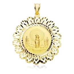Virgen del Pilar Medalla Oro 18k unisex 40 mm. cerco calado tallado